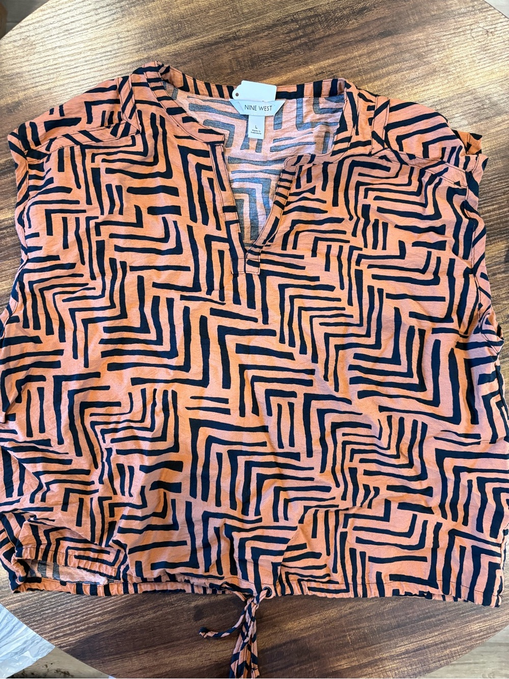 Nine West Orange and Black Geometric Drawstring V-Neck Blouse